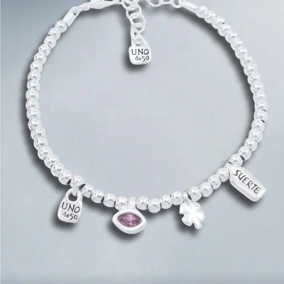 Uno de 50 Silver Beaded Charm Bracelet Amethyst Stone Suerte Clover - Picture 2 of 3